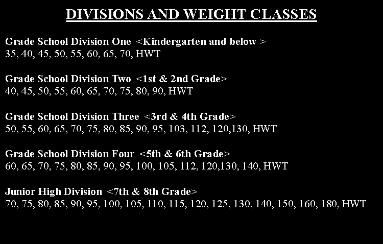Text Box: DIVISIONS AND WEIGHT CLASSESGrade School Division One  <Kindergarten and below >35, 40, 45, 50, 55, 60, 65, 70, HWTGrade School Division Two  <1st & 2nd Grade>40, 45, 50, 55, 60, 65, 70, 75, 80, 90, HWTGrade School Division Three  <3rd & 4th Grade>50, 55, 60, 65, 70, 75, 80, 85, 90, 95, 103, 112, 120,130, HWTGrade School Division Four  <5th & 6th Grade>60, 65, 70, 75, 80, 85, 90, 95, 100, 105, 112, 120,130, 140, HWTJunior High Division  <7th & 8th Grade>70, 75, 80, 85, 90, 95, 100, 105, 110, 115, 120, 125, 130, 140, 150, 160, 180, HWT